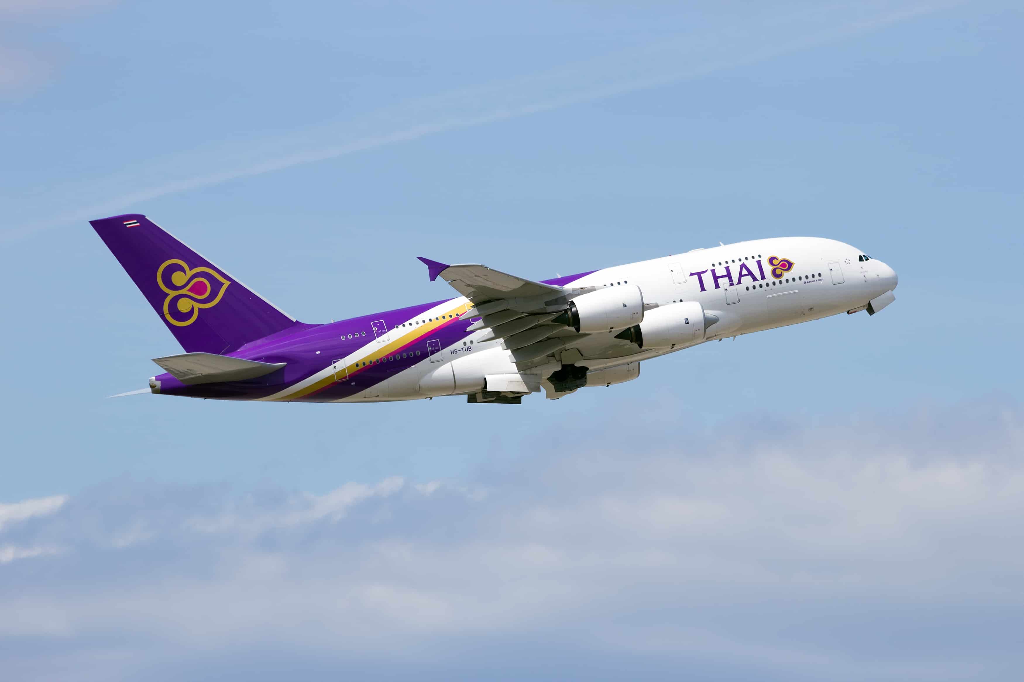 FRANKFURT, GERMANY - JULY 11: A Thai Airways Airbus A380 take off on July 11, 2013 in Frankfurt, Germany. Thai Airways has six Airbus A380's, the last due for delivery by summer 2013