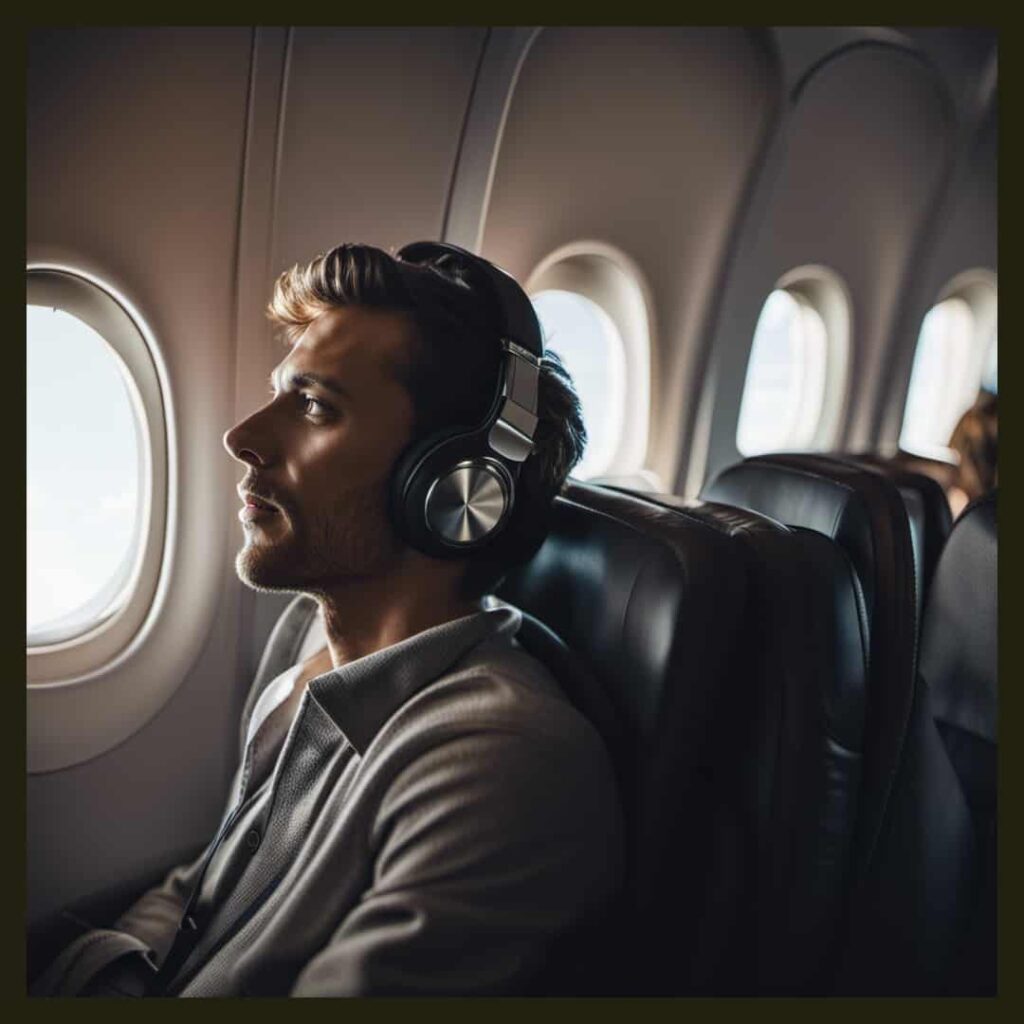 Economy class passenger wearing headphones 