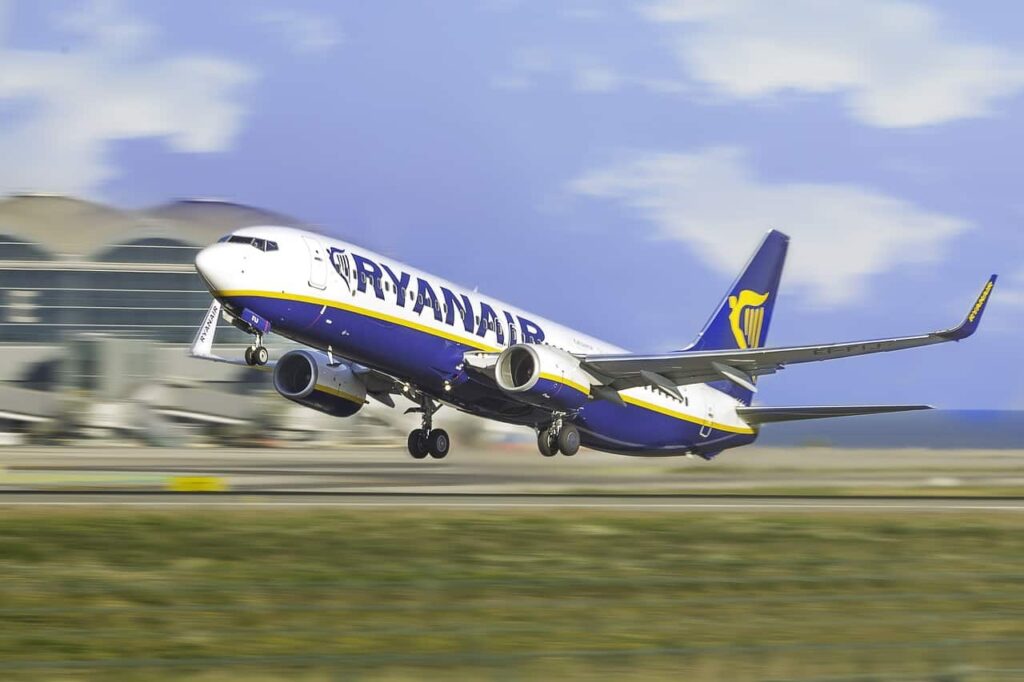 Ryanair is taking off from an airport runway